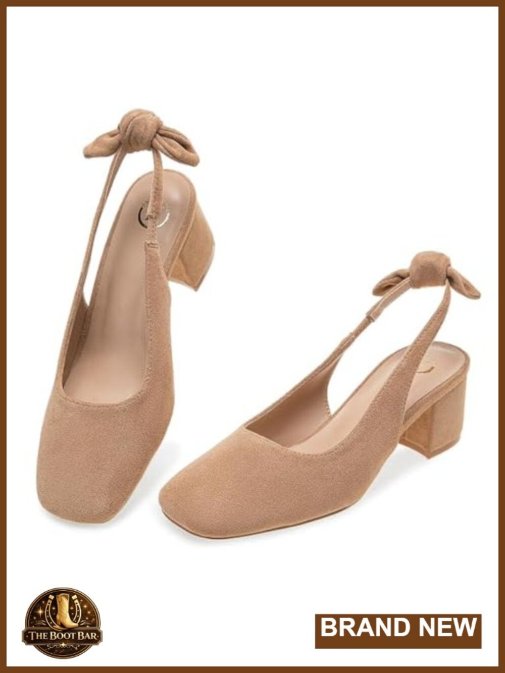 Women's Bow Slingback Block Heel Square Toe Pumps Faux Suede